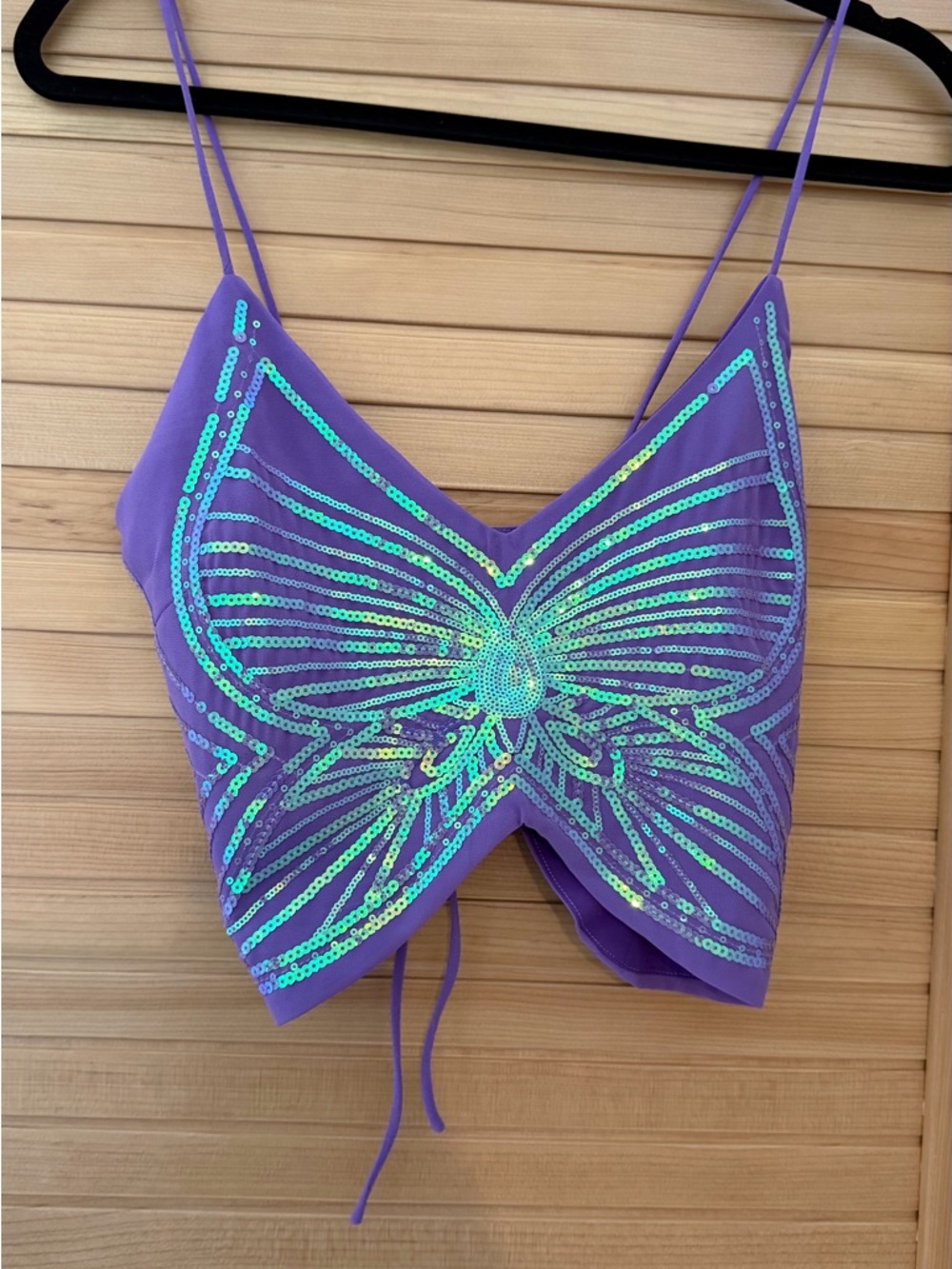 Purple Sequin Butterfly Crop Top - Women's Spaghetti Strap